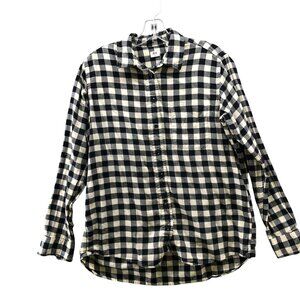 Uniqlo Flannel Shirt Mens M Long Sleeve Ivory Black Check Plaid Cotton Button Up